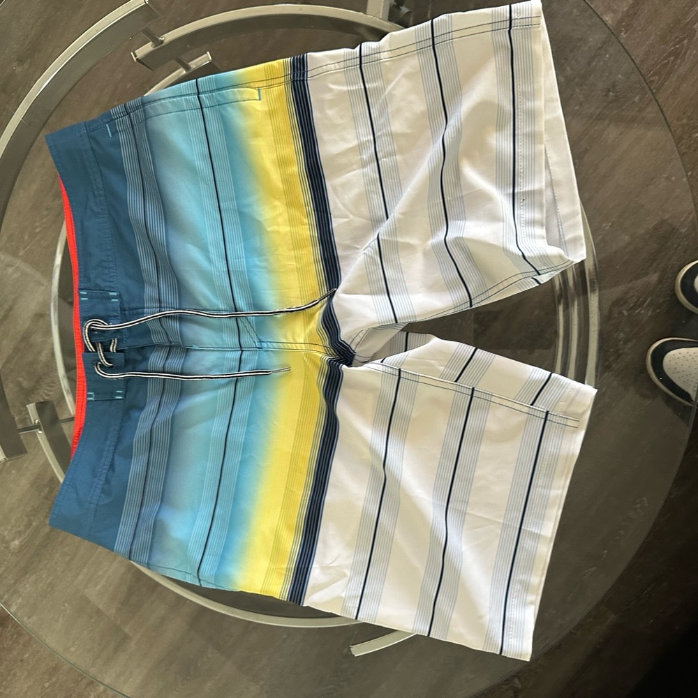 Men's Striped Ombre Swim Trunks - Blue, Yellow, White